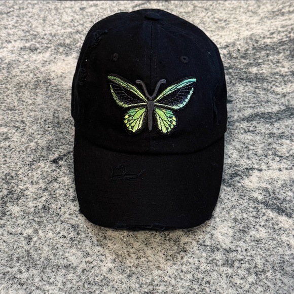 New Custom Designed Black Distressed Baseball Cap w Green Embroidered Butterfly main image 4